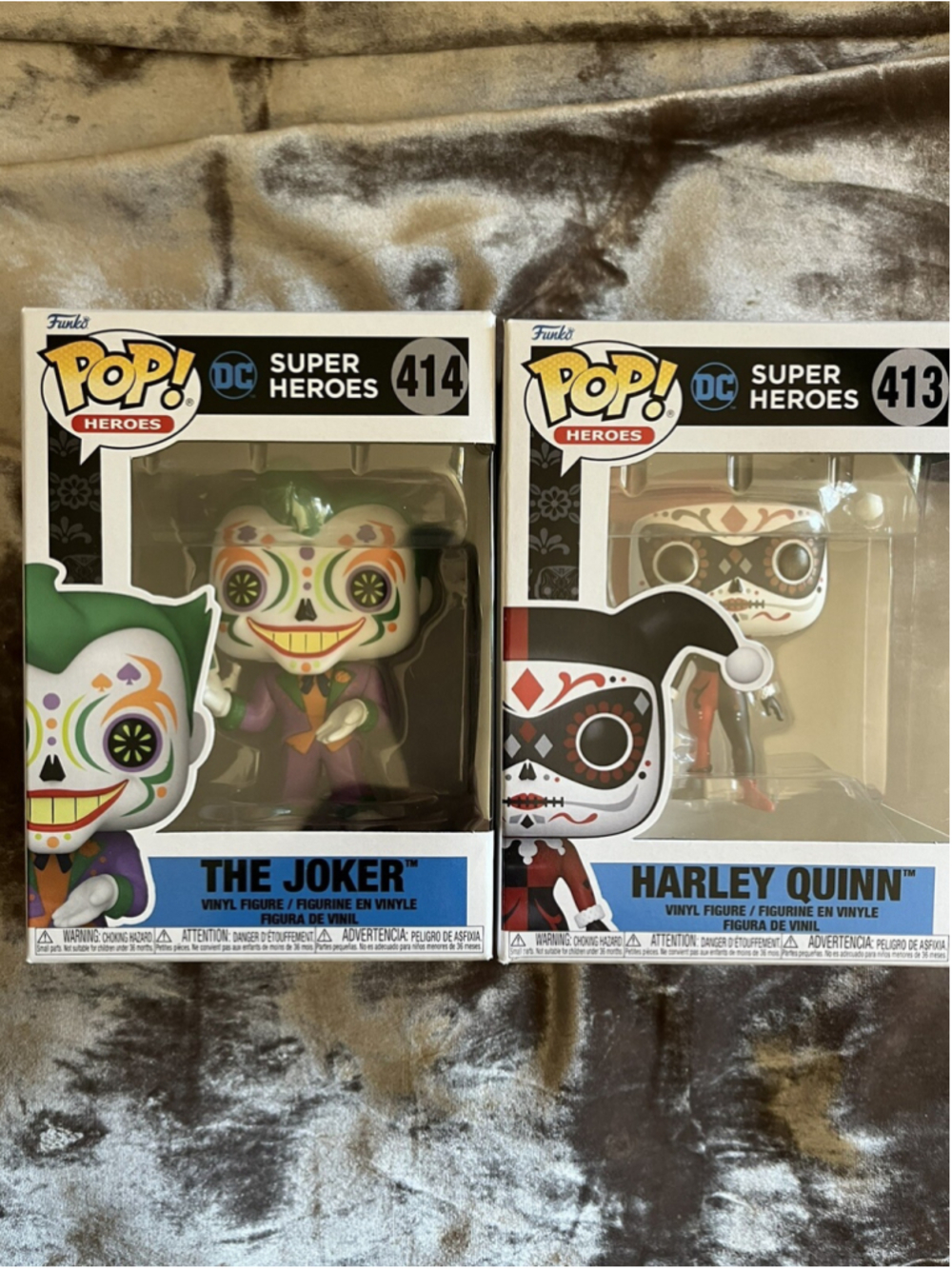 Lot of 2 Funko POP DC Dia De Los Muertos Joker & Harley Quinn #413 & #414